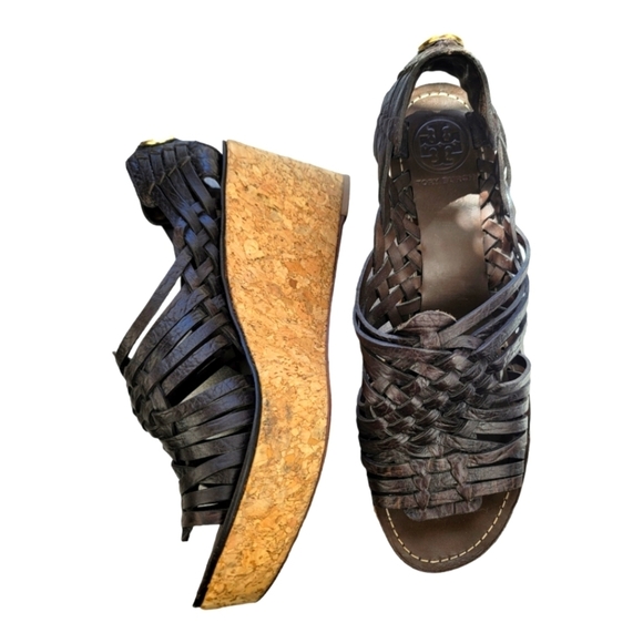 Tory Burch Lottie Woven Leather Huarache‎ Cork Wedge Sandals - Picture 8 of 11